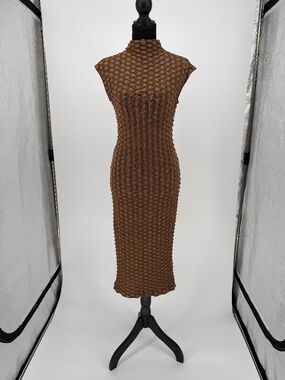 Zara Brown 3D Bubble Knit Mock Neck Textured Midi Dress S‎